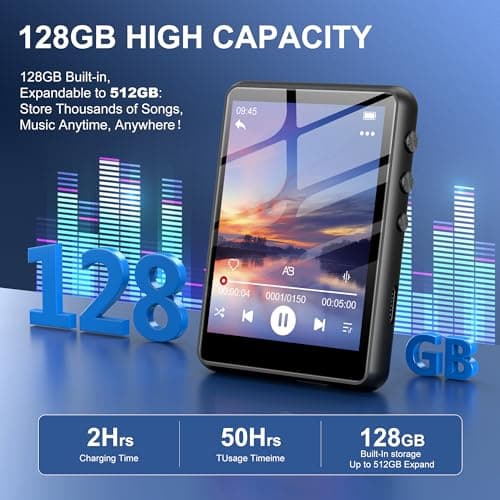 128GB MP3 Player - SWOFY M4 Music Player with Bluetooth 5.4, 2.4" Portable HiFi MP3 Player with FM Radio, HD Speaker, E-Book,Voice Recorder, Earphones Included 2