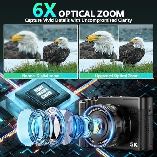 5K Digital Camera, 64MP Cameras for Photography with 6X Optical Zoom & Autofocus, WiFi Vlogging Camera for YouTube Video, Dual-Lens, 2 Batteries, 64GB Card & Flash, Best Cameras for Content Creators 3