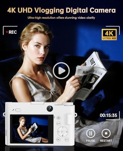 4K Digital Camera for Photography - 64MP Autofocus Vlogging Camera for YouTube with Dual-Lens - 16X Digital Zoom Anti Shake 3'' Selfie Compact Camera with Flash, 2 Batteries, Charging Stand-White 3