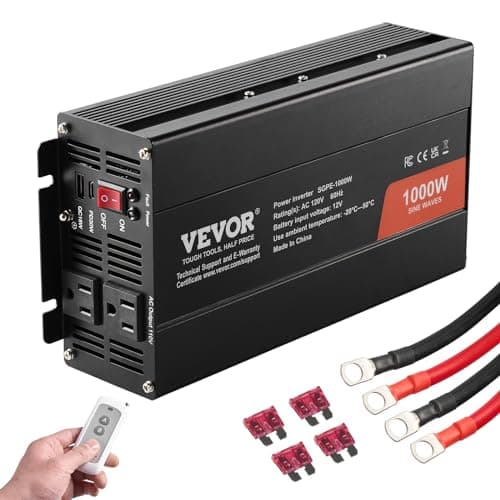 VEVOR 1000W Pure Sine Wave Inverter, DC 12V to AC 120V Power Inverter with 2 AC Outlets 1 USB Port 1 Type-C Port, Remote Control for Small Home Devices Like Smartphone Laptop, CE FCC Certified