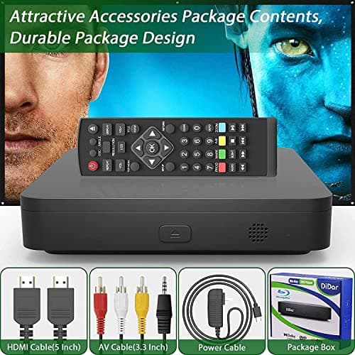 Didar Blu Ray DVD Player, Ultra Mini 1080P Blue Ray Disc Player Home Theater Play All DVDs and Region A 1 Blu-Rays, Support Max 128G USB Flash Drive + HDMI/AV Output + Built-in PAL/NTSC with Cables 5