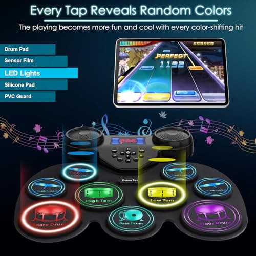 Electronic Drum Set with 7-Color LED Light Show on Strike, 9-Pad Electric Drums Set Bluetooth MIDI Support, Extra-thick Electric Drum Pads for Better Rebound, Perfect Christmas/Birthday Gift for Kids 2