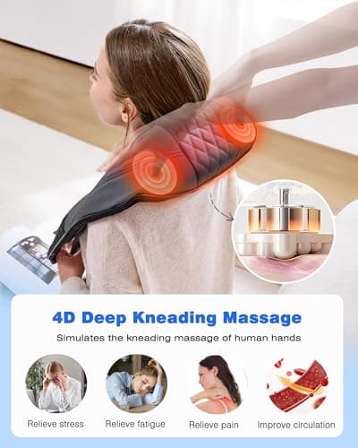 KINGJOY Neck and Shoulder Massager with Heat, Shiatsu Neck and Back Massager for Back, Shoulder, Legs, 2025 Upgraded 4D Kneading Deep Tissue Pain Relief, Gifts for Women/Men/Mom/Dad, Plug-in Use Only 4