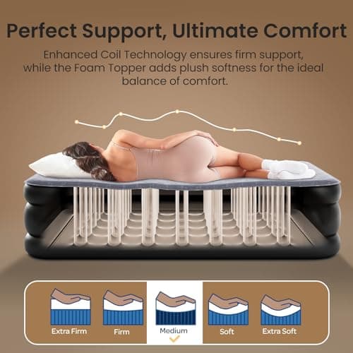 OhGeni 18" Luxury Air Mattress Queen with Built-in Pump, Silk Foam Topper Inflatable Bed for Superior Comfort, Premium Blow-Up Mattress for Home & Guest, Easy Setup, Extra Support, Black 4