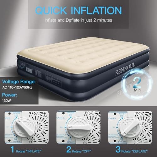 SENNOUL Air Mattress Queen with Built in Pump - 2 Mins Quick Self Inflatable,16"/650lbs Max Blow Up Bed, All Night Stability No Lost Air，No Peculiar Smell for Camping,Home,Guests & Portable Travel 5