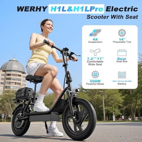 WERHY Electric Scooter with Seat, 500W Motor, 14'' Tires, Top Speed 22 mph, Max 27 Miles Ranges, Foldable E-Scooter with Suspension, Digital Display 2