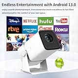 Mini Projector with 270°Rotatable, 1080P 300 ANSI, Built-in Stand Projector Outdoor Home Theater Projector with Android TV 13, Wifi 2.4G/5G, Auto Keyston Suitable for home, office, and outdoor 3