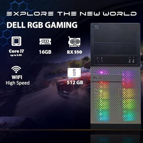 Dell Gaming OptiPlex Desktop RGB Computer PC, Intel Core i7, Radeon RX 550, 16GB RAM, 512GB SSD, RGB Keyboard & Mouse, WiFi 600M, BT 5.0, Windows 11 Pro (Renewed) 3