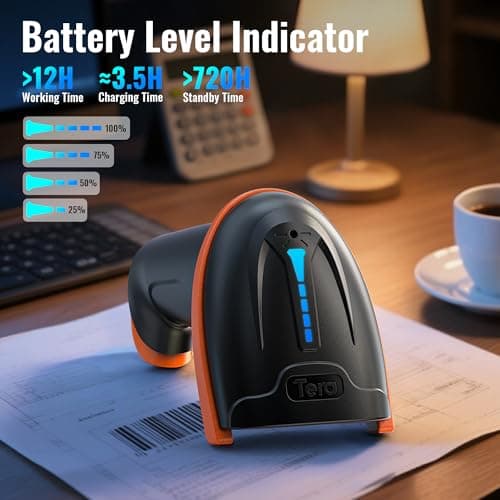 Tera 1D 2D QR Barcode Scanner Wireless and Wired with Battery Level Indicator Digital Printed Bar Code Reader Cordless Handheld Barcode Scanner Compact Plug and Play Model D5100 2