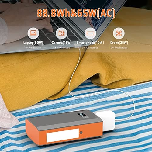 Portable Power Bank with AC Outlet, 65W 110V Portable Laptop Charger Battery Bank 24000mAh External Battery Pack Backup Power Source for Outdoor Tent Camping RV Home Office Smart Devices-Orange 5
