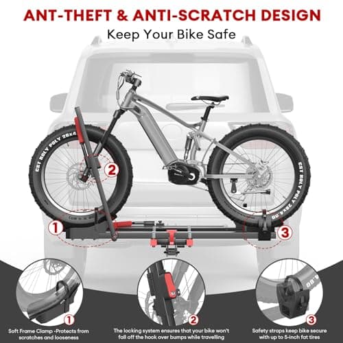 Hitch 2 EBike Rack with Ramp, 170lbs Capacity Foldable Electric Bike Carrier for 2 Heavy Ebike, Up to 5" Fat Tire Bicycle for 2" Receiver for Car, SUV, RV, Truck, Black 4