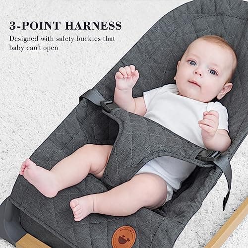 ANGELBLISS Baby Bouncer, Portable Bouncer Seat for Babies, Infants Bouncy Seat with Wood Grain Base, Natural Vibrations (Grey) 5
