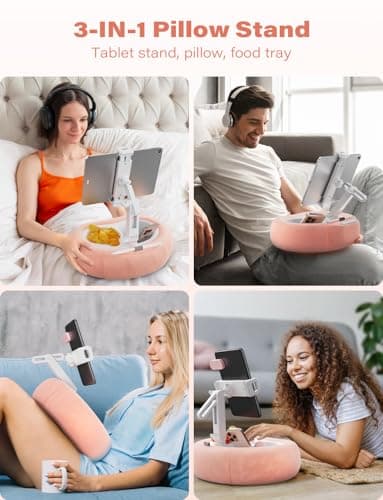 TAZENI Tablet Kindle Pillow Stand Holder with 2 Trays Fit 4''-13'' Phone/Tablet/Kindle iPad Holder Stand for Bed with Soft Plus Fabric Reading Accessories Gift, Pink 2