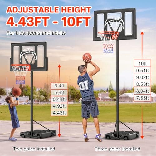 Yohood Basketball Hoop Outdoor 10ft Adjustable, Portable Basketball Hoop Goal System for Kids Youth and Adults in Backyard/Driveway/Indoor, 44 Inch Shatterproof Backboard and Larger Base 5