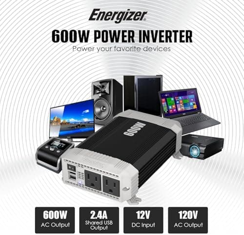 Energizer 600 Watt 12V DC to 110V AC Car Power Inverter, Modified Sine Wave, 2 Outlets, 2 USB Ports, Cigarette Lighter Plug & Clamps - ETL Approved Under UL STD 458 2