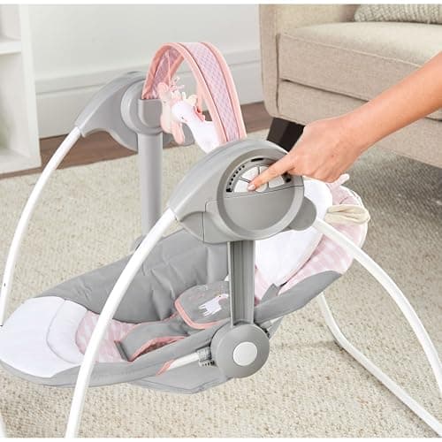 Ingenuity Comfort 2 Go Compact Portable 6-Speed Cushioned Baby Swing with Music, Folds Easy, 0-9 Months 6-20 lbs (Pink Flora the Unicorn) 5