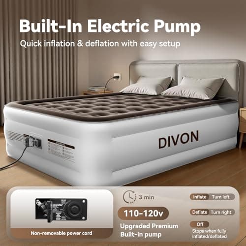 DIVON Queen Air Mattress with Built in Pump Raised, 2 Min Self Inflatable Mattress, 18’’ Blow up Mattress for Adults, 660 LBS Portable Air Bed for Guest, Camping, Travel & Floor, Brown 4