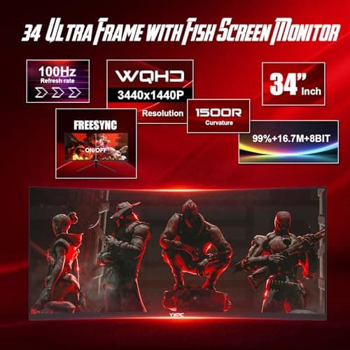 YXPC 34 inch Curved Ultrawide Computer Gaming Monitor 100Hz,UWQHD 3440x1440,1500R,1ms (MPRT),HDR, 300nits, sRGB99%,FreeSync,HDMI2.0(TMDS) x2,DP1.4 x2,Eye Care，VESA（75 * 75mm） 2
