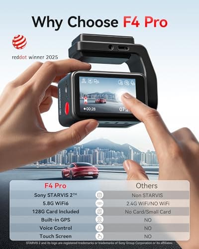 REDTIGER F4 Pro 4K Dash Cam Front and Rear, STARVIS 2 Sensor, 128GB Card Included, Built-in 5.8GHz WiFi6, 2.2inch Touch Screen Dash Camera for Cars, Voice Control, 24H Parking Mode 2