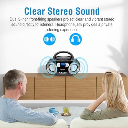 MEGATEK Portable CD Player Boombox with FM Radio, Bluetooth, USB Port, AUX Input, and Headphone Jack – CD-R/CD-RW/MP3-CD Compatible, Clear Stereo Sound, Backlit LCD Display – Black 3