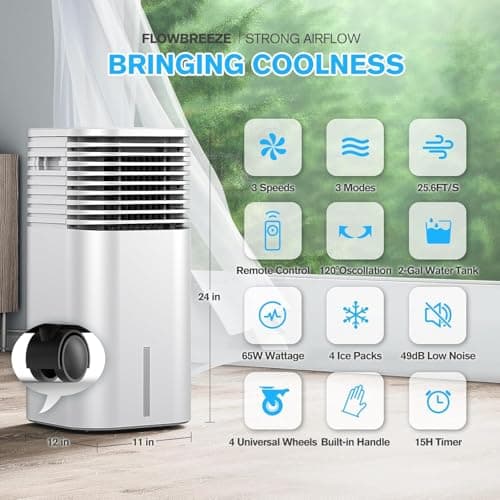 24" Windowless Portable Air Conditioner, 15H Timer & 120°Oscillation, 3-IN-1 Portable AC Unit with Remote, 2-Gal Tank, 3 Modes & 3 Speeds, Ultra-Quiet Ventless Swamp Cooler for Home Office, Beige 3