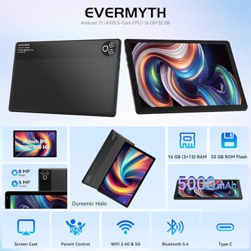 Tablet 10 Inch Android 15 OS GMS Certified Tablets PC 1.8 GHz 5-Core 16 (3+13) GB RAM 32 GB ROM 1 TB Expandable 1280x800 HD IPS Touch Screen 5000 mAh WiFi 6 Bluetooth 5.4 Dual Camera 2025 (Black) 2