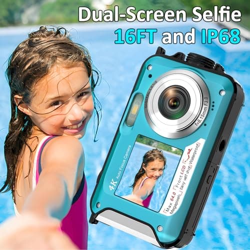 4K Underwater Camera 16FT Waterproof Camera with 32GB Card 64MP Autofocus Dual-Screen Selfie Underwater Camera for Snorkeling Waterproof Compact Floatable Digital Camera 1250mAh Battery Type-C (Blue) 2