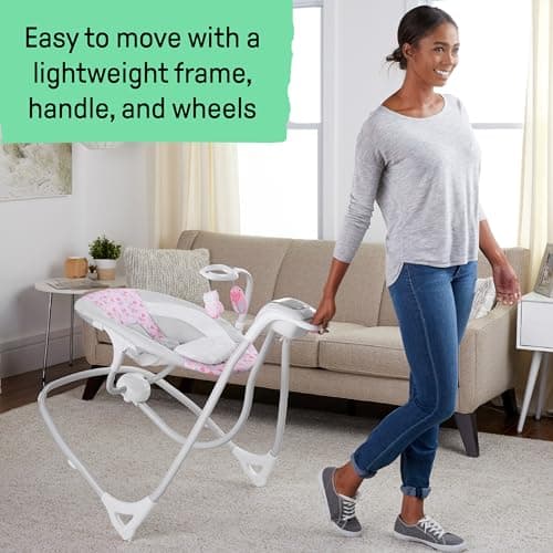 Ingenuity SimpleComfort Lightweight Compact 6-Speed Multi-Direction Baby Swing, Vibrations & Nature Sounds, 0-9 Months 6-20 lbs (Pink Cassidy) 4