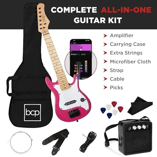 Best Choice Products 30in Kids Electric Guitar Beginner Starter Kit w/ 5W Amplifier, Strap, Gig Bag, Strings, Picks - Pink Sparkle 4