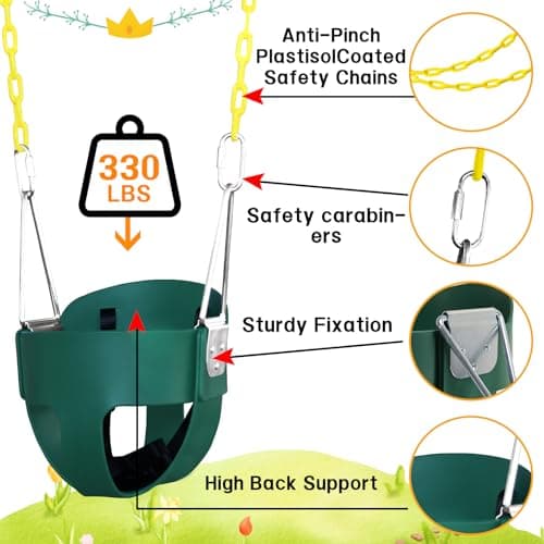 High Back Full Bucket Toddler Swing Seat with 3- Point Adjustable Safety Harness, 66 inch Detachable Chain,Suitable for Babies Aged 6-24 Months，Baby Swing for Swingset (Green) 3