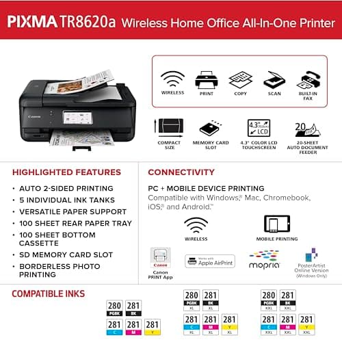 Canon PIXMA TR8620a - All-in-One Printer Home Office|Copier|Scanner|Fax|Auto Document Feeder | Photo, Document | Airprint (R), Android, Black, Works with Alexa 5
