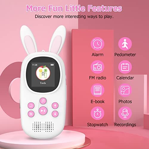 Mp3 Player for Kids, Cute Bunny Kids Mp3 Player with Bluetooth, 32GB Mp3 Players with Speaker, FM Radio, Recordings, Alarm, Pedometer, Stopwatch, Support up to 128GB 3