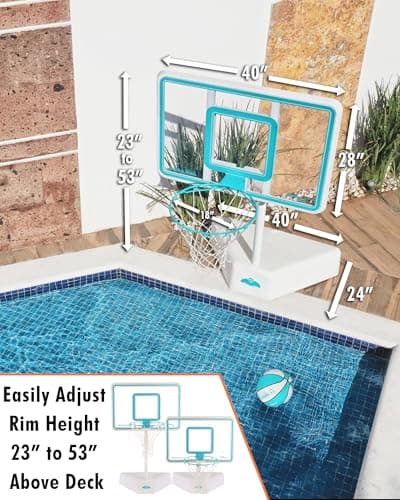 Dunn-Rite Splash & Shoot Outdoor Adjustable Height Swimming Pool Basketball Hoop w/Ball, Base, & 18 Inch Stainless Steel Rim, Made in USA, Clear 3