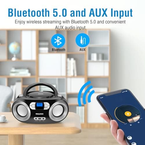MEGATEK Portable CD Player Boombox with FM Radio, Bluetooth, USB Port, AUX Input, and Headphone Jack – CD-R/CD-RW/MP3-CD Compatible, Clear Stereo Sound, Backlit LCD Display – Black 4