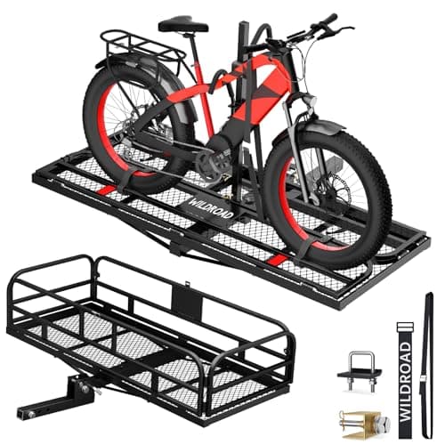 Wildroad Hitch Cargo Carrier with Bike Rack 60" x 24" x 14" Folding Trailer Hitch Cargo Carrier 500 LBS Capacity for Standard, Fat Tire and Electric Bike Fits 2" Receiver 60" Basket+Bike Rack