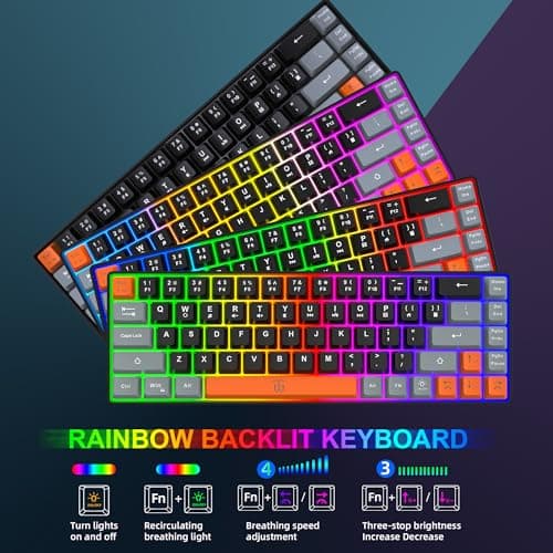 Snpurdiri 60% Wireless Gaming Keyboard and Mouse Combo,Rainbow Backlit Rechargeable 2000mAh Battery,Mini Mechanical Feel Keyboard + Popular RGB Mice for Gaming,Business Office(Gray-Black-Orange) 3
