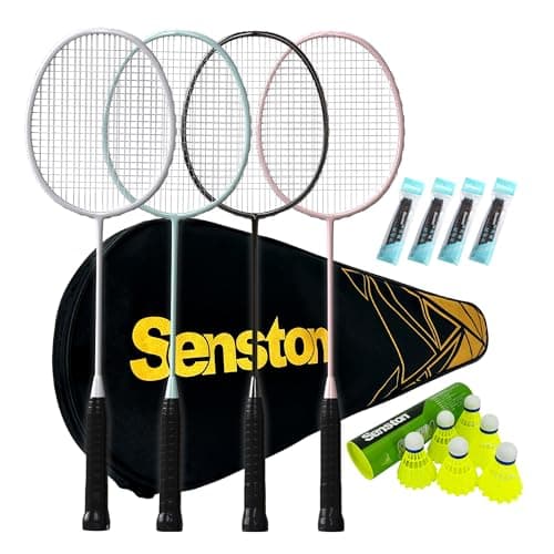 Senston Professional Badminton Rackets Set of 4 - Carbon Fiber, 6 Shuttlecocks, 4 Grips & Bag for Backyard Games | 90g Lightweight