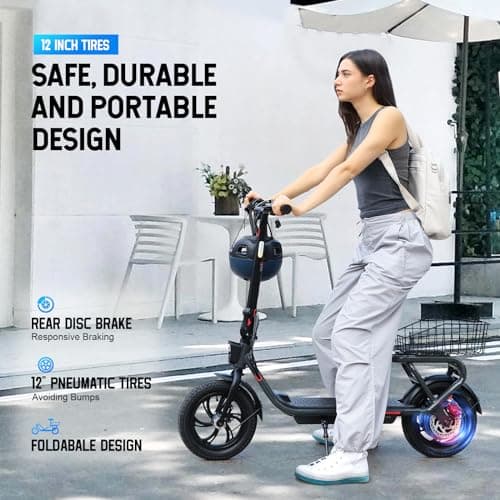Electric Scooter, 8.5"/10"/12" Tires,Peak 500W/650W/700W Motor, 19/20/23/25Mph,15/16/18/20/30 Miles Long Range, Folding Scooter Adults for Commuting (12"-500W Peak-19Mph-20Minles-C10 Black-with Seat) 3