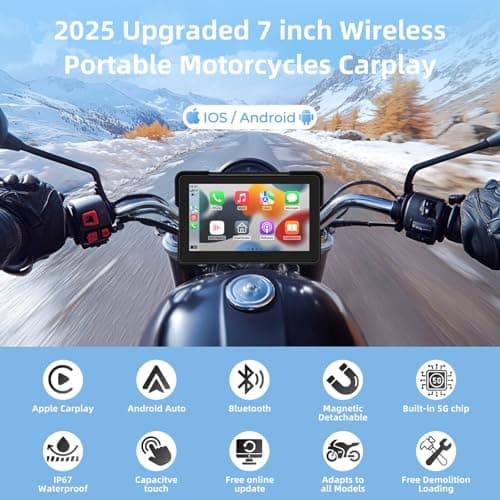 7 Inch Wireless Motorcycle CarPlay &Android Auto, Waterproof Smart GPS Navigation System, Portable Moto Car Play Screen with Dual Bluetooth, Voice Control, Navigation, Siri/G-Assist, Anti-Glare 2