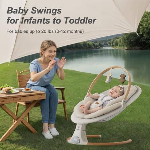 Baby Swings for Infants, Monamii Baby Swing, Infant Swing with 5 Speeds, 10 Lullabies, Electric Swing for Baby, Indoor & Outdoor Use (Beige) 2