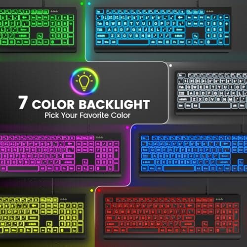 SABLUTE Large Print Backlit Keyboard, Wired USB Lighted Computer Keyboards with 7-Color & 4 Modes Backlit, Oversize Letters Keys Easy to See and Type, Keyboard Compatible for PC, Laptop 2
