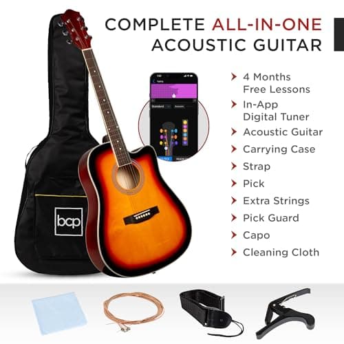 Best Choice Products 41in Beginner Acoustic Guitar Full Size All Wood Cutaway Guitar Starter Set w/Case, Strap, Capo, Strings, Picks - Sunburst 3
