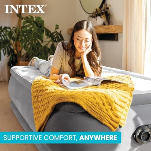 Intex Twin Size Air Mattress, 18in Height, Built-in Pump, Dura-Beam Deluxe Comfort-Plush - Portable Inflatable Blow-up Bed for Camping, Travel, Guests 4