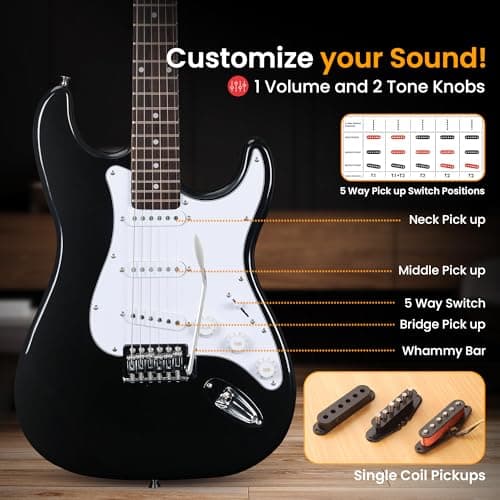 Pyle Electric Guitar and Amp Kit - Full Size 39" Complete Starter Kit with Wearable Bluetooth Amplifier, 1/4” Cable, Carry Case, Strap, Strings, Picks, Cleaning Cloth, ST-Style Pickups (Black) 5
