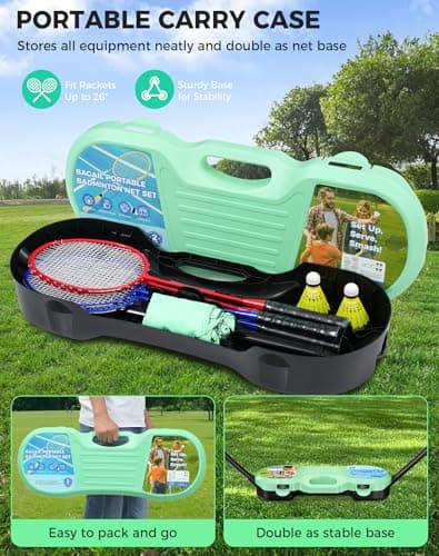 BAGAIL Portable Badminton Net Set, Pop-Up Net with Carry Case, Complete 4 Racket Set for Backyard, Park & Beach Games, Quick Setup Indoor Outdoor Sports Equipment for Backyard Fun 4