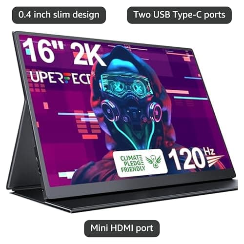 UPERFECT 2K 120Hz Portable Gaming Monitor, 16" 2560x1600 QHD 16:10 400 Nits Portable Monitor for Laptop w/VESA & Cover HDR FreeSync Eye Care External Second Screen for PC Phone Game Console 3