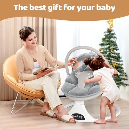 Electric Baby Swing with Remote Control - 5 Natural Motion Speeds, Detachable Seat Pad | Portable Infant Swing for Indoor/Outdoor Use (0-6M, 20lbs) (Gray) 5