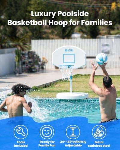 IGL Pool Basketball Hoop Poolside, Height Adjustable Swimming Basketball Hoop Outdoor for Pool, Anti-rust Stainless Steel Rim, Portable Basketball Goal System, Fillable Base, Includes 2 Balls and Pump 2