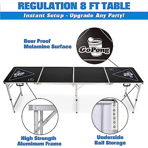 GoPong 8 Foot Portable Beer Pong / Tailgate Tables (Black, Football, American Flag, or Custom Dry Erase) 2