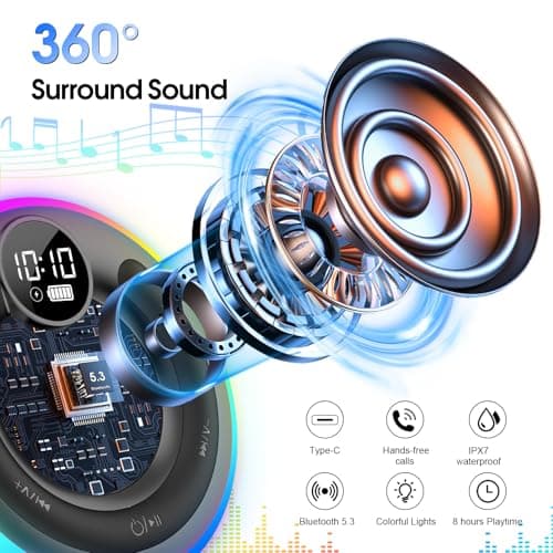 Bluetooth Speaker, Shower Speaker Stereo Sound, IPX7 Waterproof Speakers, Digital Display Portable Speaker with Suction Cup, LED Light, Small Wireless Speakers for Outdoor Party Beach Bathroom, Black 2